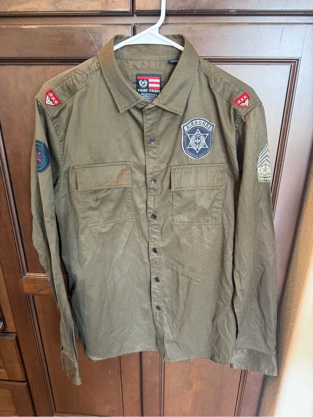 Vintage Phat Farm Military Airborne Field Shirt Olive Green Y2K Hip Hop Patches